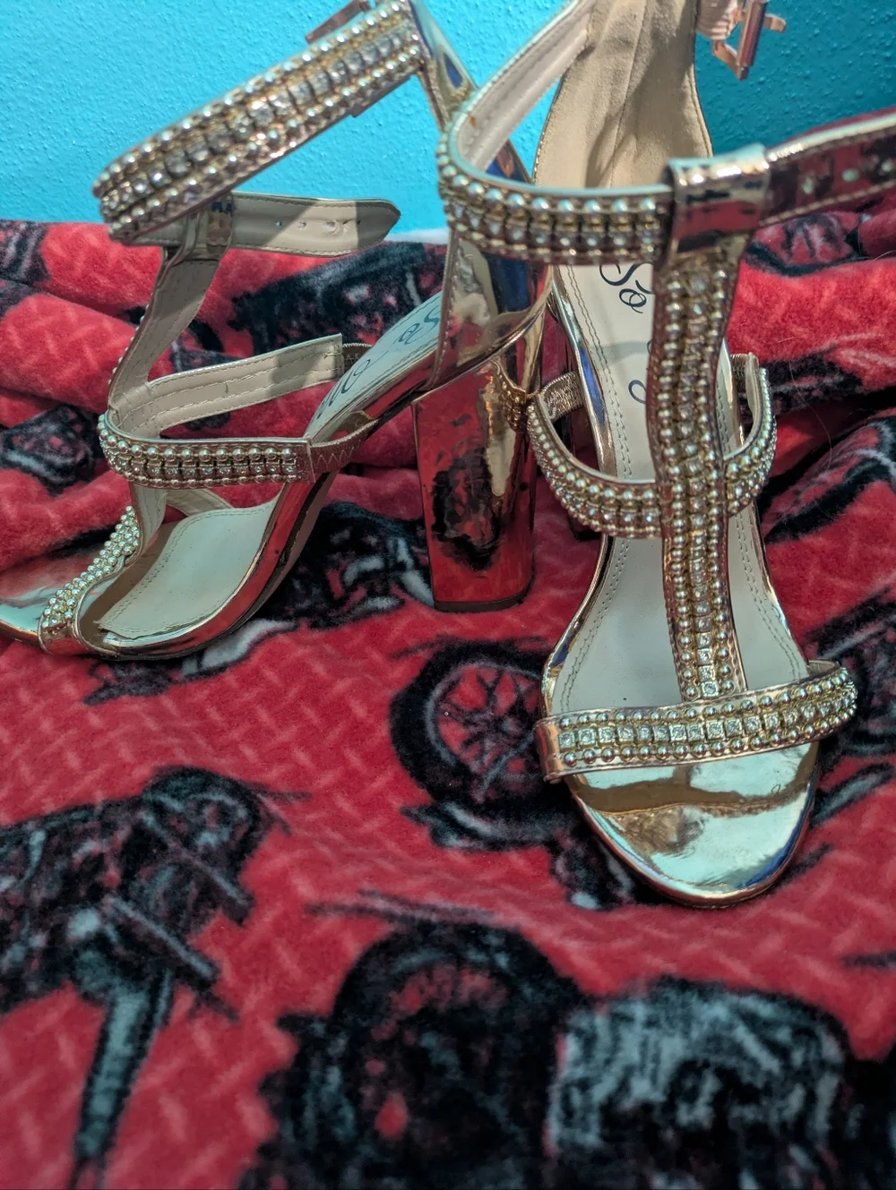✨ STUNNING Rhinestone T-Strap Heels– Gold Sparkle ✨